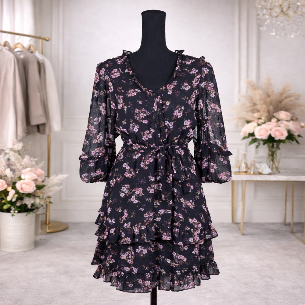 CeCe Black Mini Dress with Pink Floral Print